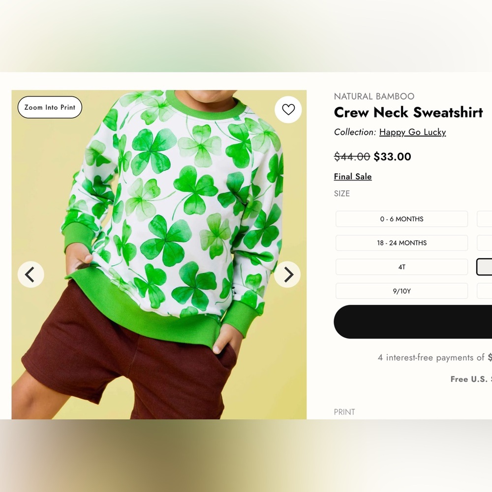 Bums & Roses Natural Bamboo Happy Go LuckyShamrock Print Crew Neck